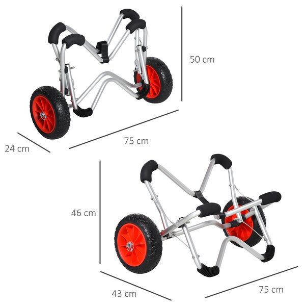 HOMCOM Skládací Kliky pro Kajaky - Hliníkový Vozík na Lodě se Syntetickými Pneumatikami Stříbrný 75 kg 75 x 43 x 46 cm | Aosom