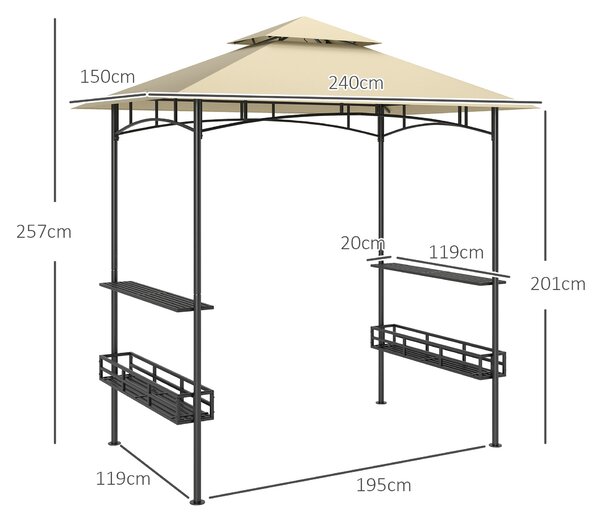 Grilovací altán Outsunny 240 x 150 x 257 cm Voděodolný a ohnivzdorný zahradní pavilon s dvojitou střechou, bočními policemi, zahradním slunečníkem s U