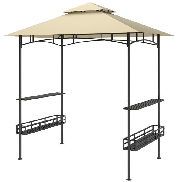 Grilovací altán Outsunny 240 x 150 x 257 cm Voděodolný a ohnivzdorný zahradní pavilon s dvojitou střechou, bočními policemi, zahradním slunečníkem s U