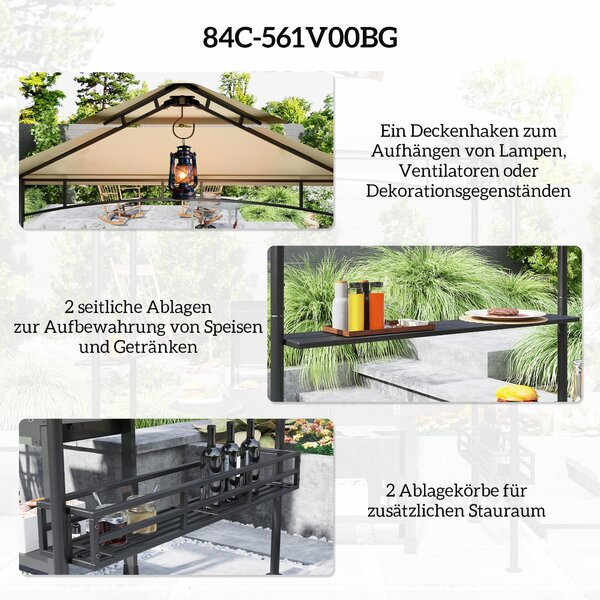 Grilovací altán Outsunny 240 x 150 x 257 cm Voděodolný a ohnivzdorný zahradní pavilon s dvojitou střechou, bočními policemi, zahradním slunečníkem s U