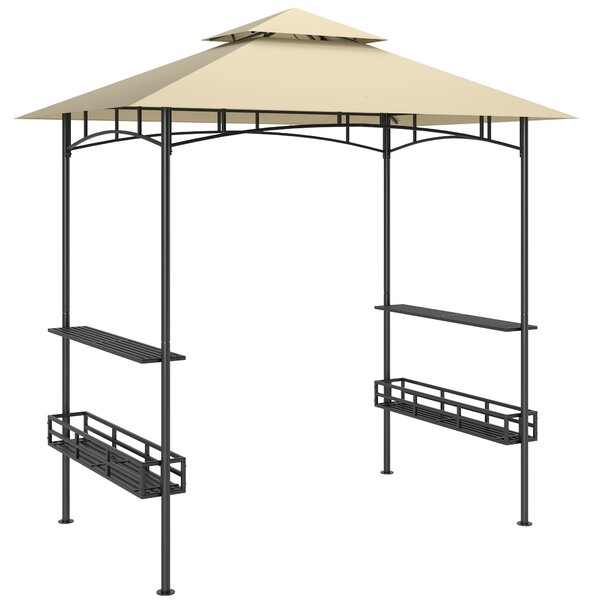 Grilovací altán Outsunny 240 x 150 x 257 cm Voděodolný a ohnivzdorný zahradní pavilon s dvojitou střechou, bočními policemi, zahradním slunečníkem s U