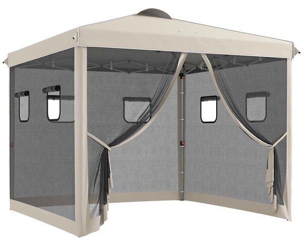 Outsunny Letní altán cca 3 x 3 m, altán s 4 síťovanými závěsy, zahradní altán s UV ochranou, pop-up altán s okny, s nosící taškou, pro zahradu, altán