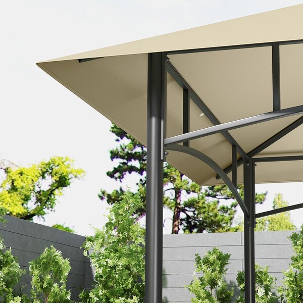 Grilovací altán Outsunny 240 x 150 x 257 cm Voděodolný a ohnivzdorný zahradní pavilon s dvojitou střechou, bočními policemi, zahradním slunečníkem s U