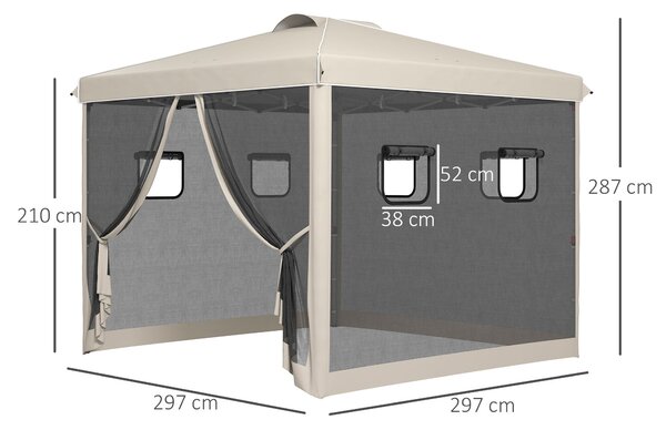 Outsunny Letní altán cca 3 x 3 m, altán s 4 síťovanými závěsy, zahradní altán s UV ochranou, pop-up altán s okny, s nosící taškou, pro zahradu, altán