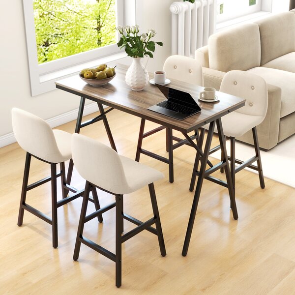 HOMCOM Barový stůl se židlemi, 5dílná jídelní skupina, kuchyňský stůl, bistro stůl se 4 židlemi, barový stůl do kuchyně a obývacího pokoje, ocel, béžo
