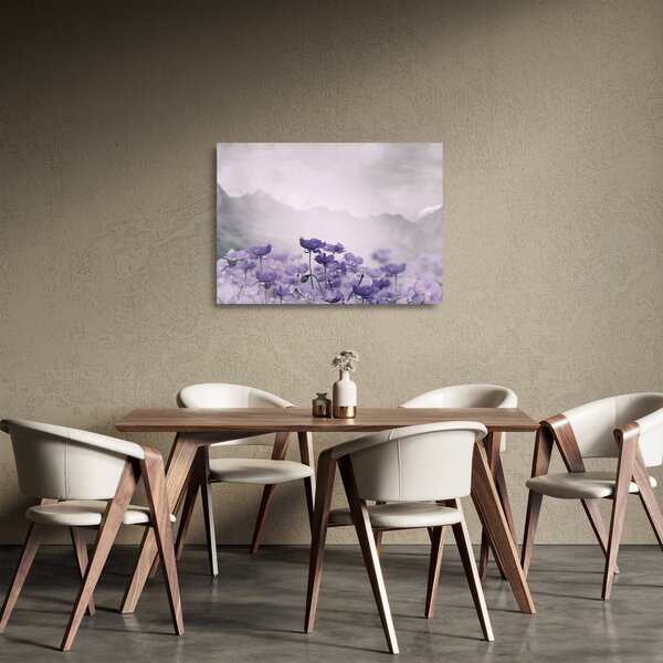 Skleněný obraz - Fialové květy v horách (70x50 cm)