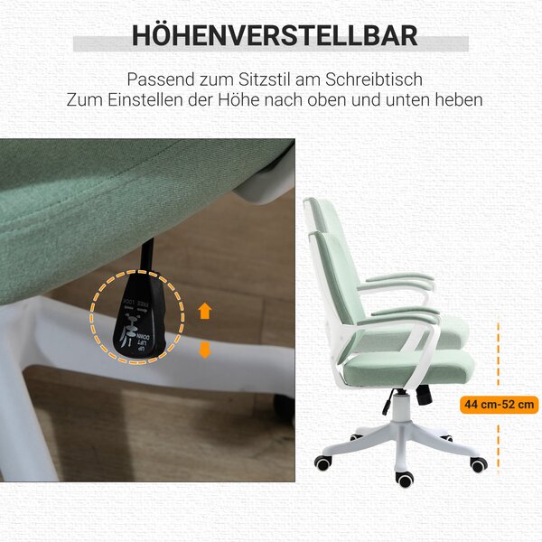 Vinsetto kancelářská židle s rocking funkcí, výškově nastavitelná, silně polstrovaná, ergonomická, 360° otočná kola, polyester, nylon, PP, Zelená + Bí