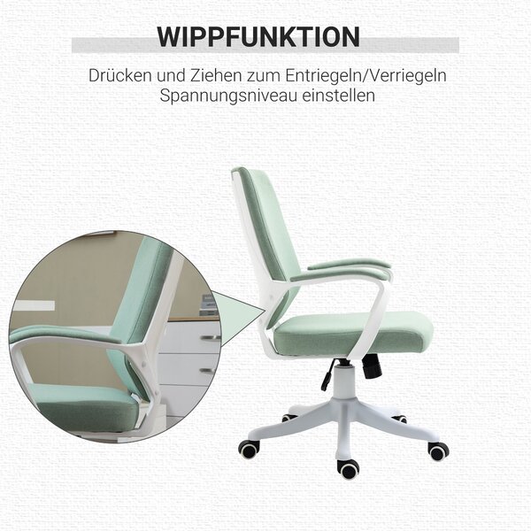 Vinsetto kancelářská židle s rocking funkcí, výškově nastavitelná, silně polstrovaná, ergonomická, 360° otočná kola, polyester, nylon, PP, Zelená + Bí