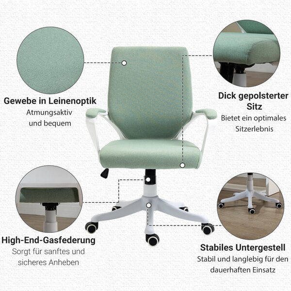 Vinsetto kancelářská židle s rocking funkcí, výškově nastavitelná, silně polstrovaná, ergonomická, 360° otočná kola, polyester, nylon, PP, Zelená + Bí