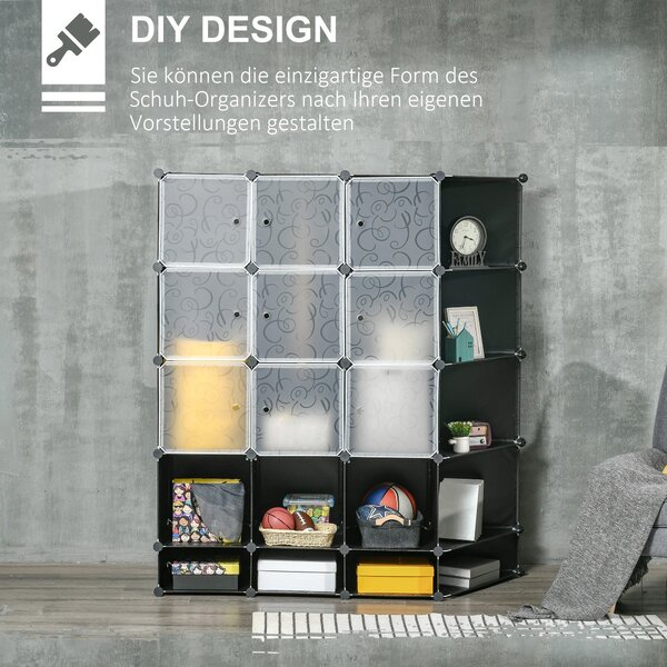 HOMCOM DIY systém regálů se 16 přihrádkami a 2 tyčemi - organizér s kostkami, úložná police na oblečení a obuv, černá 145 x 46 x 162 cm | Aosom