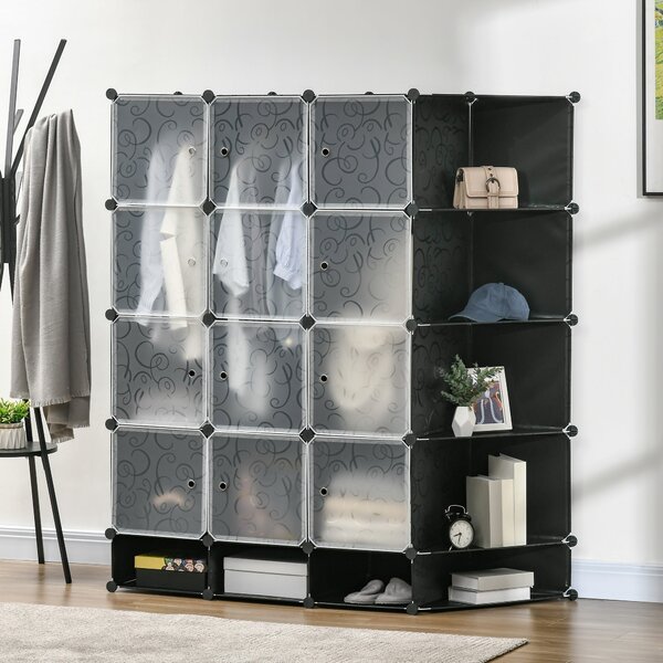 HOMCOM DIY systém regálů se 16 přihrádkami a 2 tyčemi - organizér s kostkami, úložná police na oblečení a obuv, černá 145 x 46 x 162 cm | Aosom