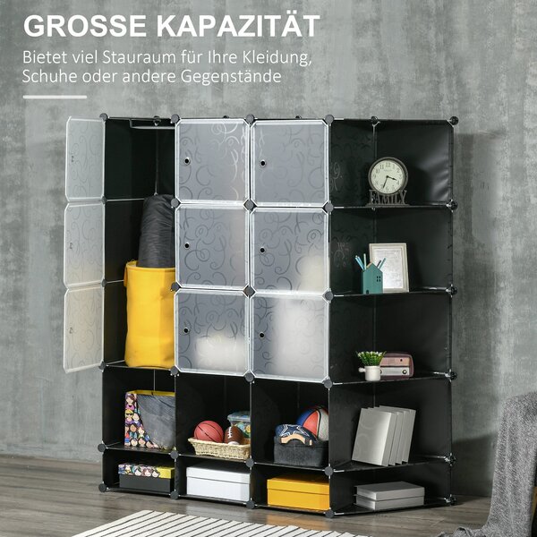 HOMCOM DIY systém regálů se 16 přihrádkami a 2 tyčemi - organizér s kostkami, úložná police na oblečení a obuv, černá 145 x 46 x 162 cm | Aosom