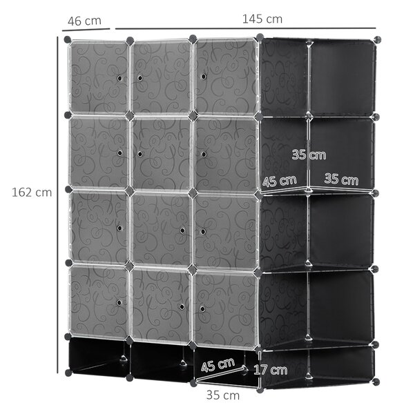 HOMCOM DIY systém regálů se 16 přihrádkami a 2 tyčemi - organizér s kostkami, úložná police na oblečení a obuv, černá 145 x 46 x 162 cm | Aosom