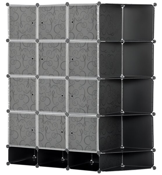 HOMCOM DIY systém regálů se 16 přihrádkami a 2 tyčemi - organizér s kostkami, úložná police na oblečení a obuv, černá 145 x 46 x 162 cm | Aosom