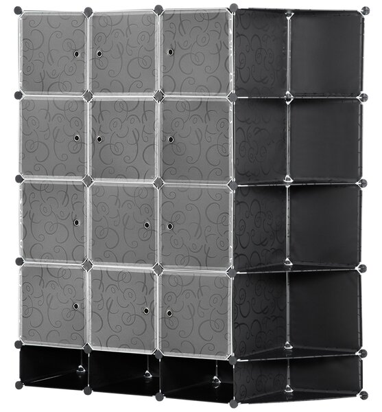 HOMCOM DIY systém regálů se 16 přihrádkami a 2 tyčemi - organizér s kostkami, úložná police na oblečení a obuv, černá 145 x 46 x 162 cm | Aosom