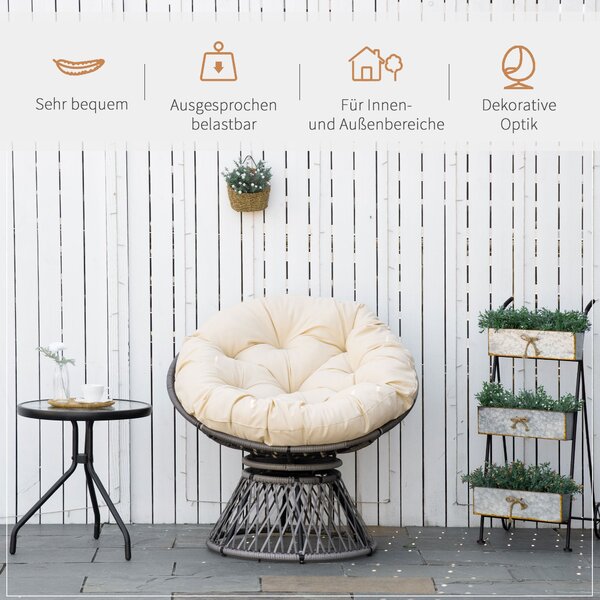 Papasan křeslo Outsunny s polstrováním – 360° otočné ratanové křeslo Bežová B87 x D97 x H86 cm | Aosom