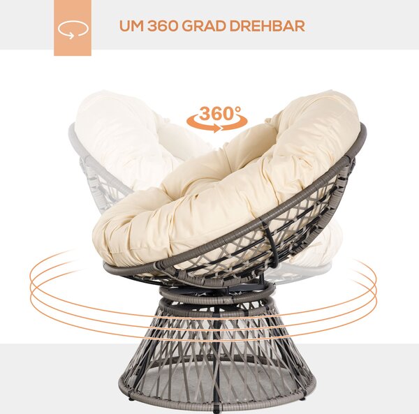 Papasan křeslo Outsunny s polstrováním – 360° otočné ratanové křeslo Bežová B87 x D97 x H86 cm | Aosom
