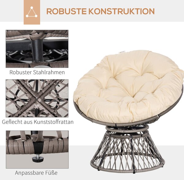 Papasan křeslo Outsunny s polstrováním – 360° otočné ratanové křeslo Bežová B87 x D97 x H86 cm | Aosom