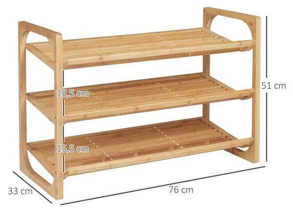 HOMCOM Botník, Stojan na boty se 3 policemi z bambusu, pro max. 9 párů bot, Botník s držadlem do předsíně a ložnice, 76 x 33 x 51 cm, Přirozený | Aoso