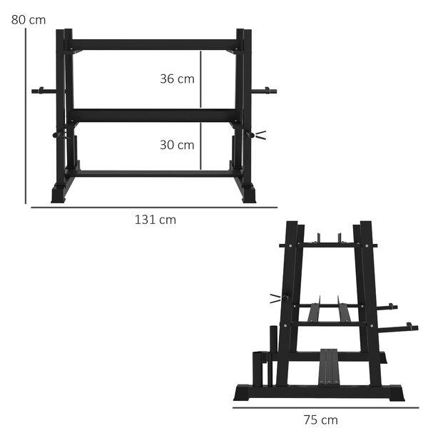 SPORTNOW Stojan na činky, regál na činky se 3 policemi, úložiště na činky a kettlebelly, kapacita až 200 kg, ocel, černá, 131 x 75 x 80 cm | Aosom