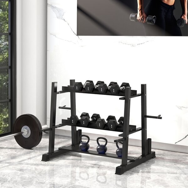 SPORTNOW Stojan na činky, regál na činky se 3 policemi, úložiště na činky a kettlebelly, kapacita až 200 kg, ocel, černá, 131 x 75 x 80 cm | Aosom