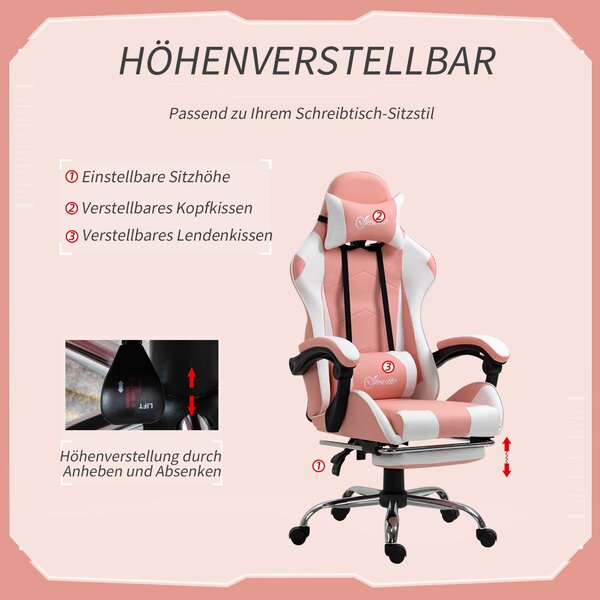 Herní židle Vinsetto - ergonomická kancelářská židle s opěrkou hlavy, masážním bederním polštářem, podnožkou, otočná hráčská židle PC s připojitelnými