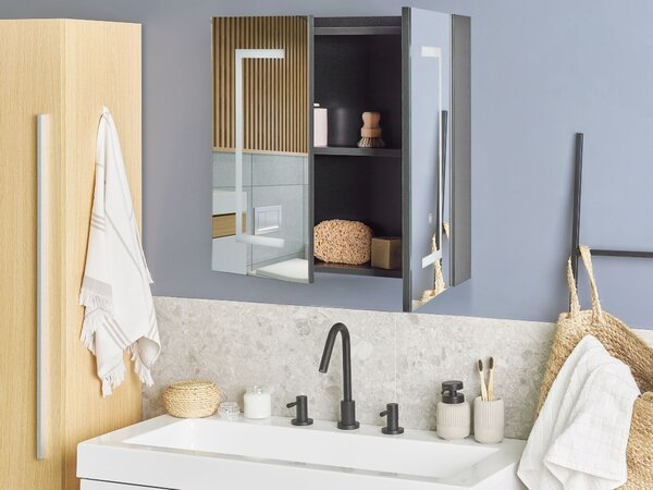 Nástěnná zrcadlová skříňka do koupelny LED MAZARREDO 60 cm 60 cm Černá