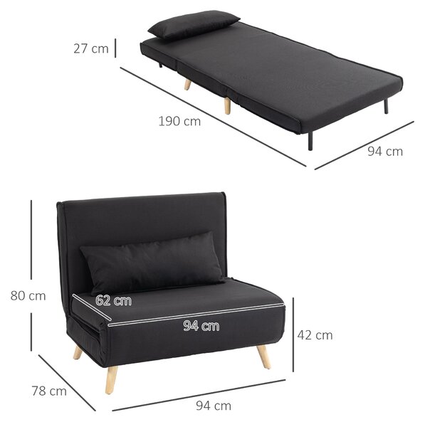 HOMCOM Jednolůžková Rozkládací Pohovka se Skandinávským Designem, Snímatelný Potah, Nastavitelný Záhlavník, 25D Pěna, Vzhled Lnu, Borovicové Dřevo, Če
