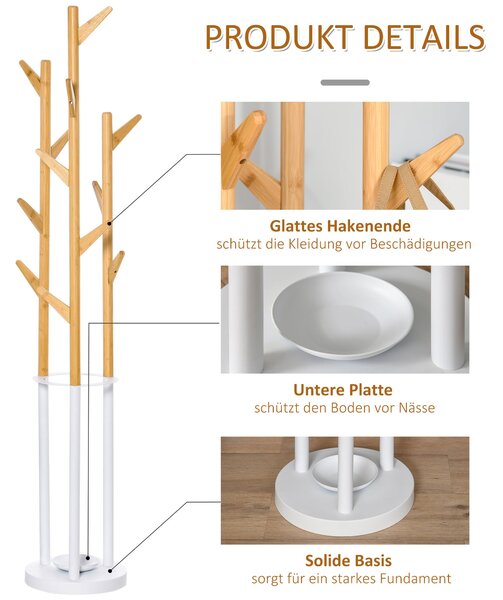 HOMCOM Stojan na kabáty, Odkladač s 12 háčky a stojanem na deštníky, Skříňka ve tvaru stromu, Moderní stojan na kabáty pro oděvy, klobouky, tašky do o