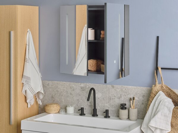 Nástěnná zrcadlová skříňka do koupelny LED CHABUNCO 60 cm 60 cm Černá
