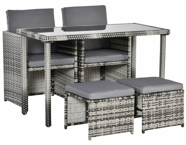 Outsunny Poly Rattan Sedací Skupina Jídelní Set do Zahrady 5 ks s Polštáři, Šedá | Aosom