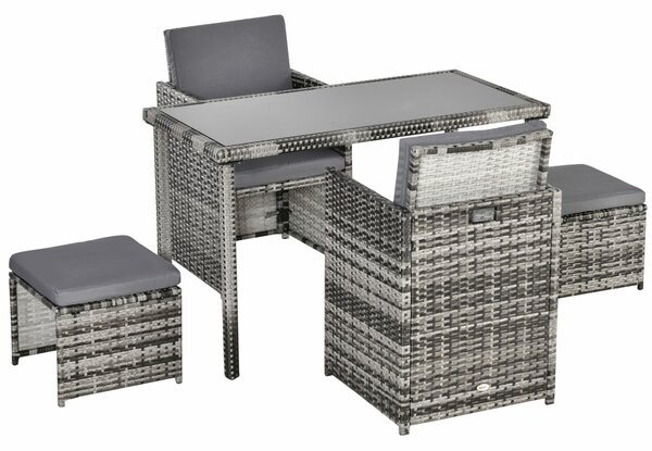 Outsunny Poly Rattan Sedací Skupina Jídelní Set do Zahrady 5 ks s Polštáři, Šedá | Aosom