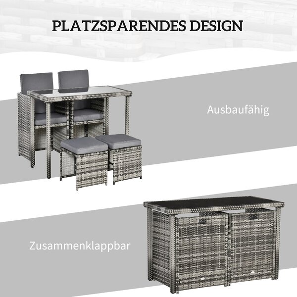 Outsunny Poly Rattan Sedací Skupina Jídelní Set do Zahrady 5 ks s Polštáři, Šedá | Aosom