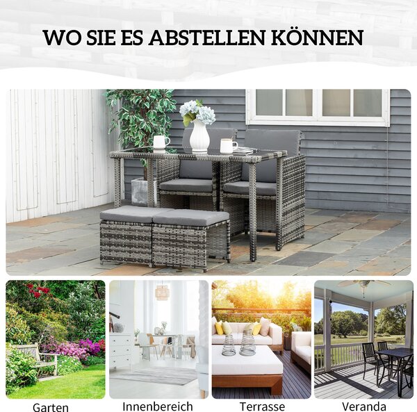 Outsunny Poly Rattan Sedací Skupina Jídelní Set do Zahrady 5 ks s Polštáři, Šedá | Aosom
