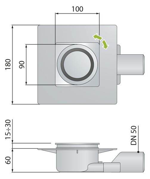 Omp Tea Omp Tea, Podlahová vpusť 100x100 mm boční, odpad 50mm, chrom, 2665.295.8
