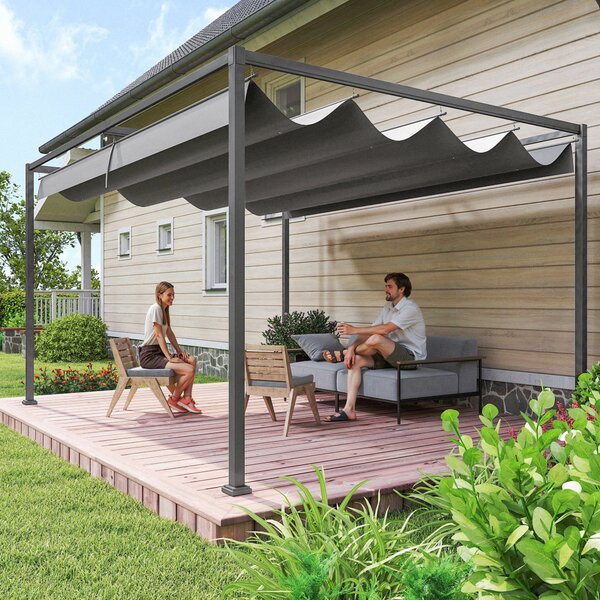 Outsunny Pergola 4x3m Zahradní Pavilon, Ocelová Sluneční Markýza, Zahradní Pavilon s Nastavitelnou Střechou, Volně stojící, Slunečník pro Terasu a Zah