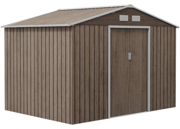 Outsunny zahradní domek 4,9 m², s krovem, posuvné dveře, základna, 277 x 195 x 192 cm, zahradní domek z pozinkované oceli, odolný vůči povětrnostním v