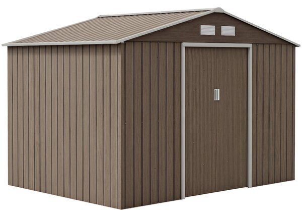 Outsunny zahradní domek 4,9 m², s krovem, posuvné dveře, základna, 277 x 195 x 192 cm, zahradní domek z pozinkované oceli, odolný vůči povětrnostním v