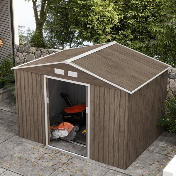Outsunny zahradní domek 4,9 m², s krovem, posuvné dveře, základna, 277 x 195 x 192 cm, zahradní domek z pozinkované oceli, odolný vůči povětrnostním v