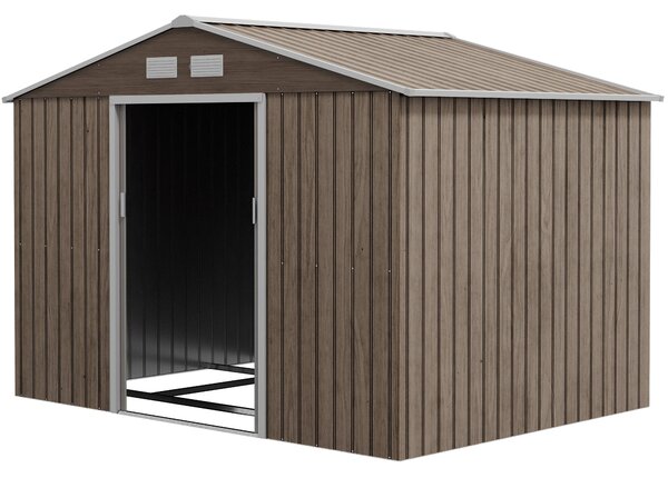 Outsunny zahradní domek 4,9 m², s krovem, posuvné dveře, základna, 277 x 195 x 192 cm, zahradní domek z pozinkované oceli, odolný vůči povětrnostním v