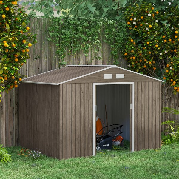 Outsunny zahradní domek 4,9 m², s krovem, posuvné dveře, základna, 277 x 195 x 192 cm, zahradní domek z pozinkované oceli, odolný vůči povětrnostním v