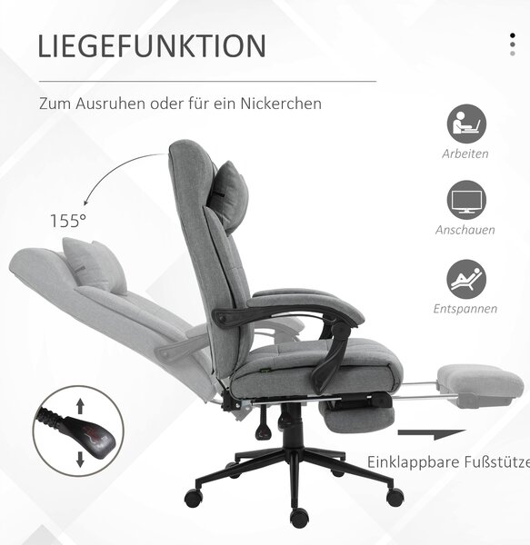 Ergonomická kancelářská židle Vinsetto s funkcí sklonu, opěrkou hlavy, područky a výškově nastavitelným otočným křeslem s podnožkou ve vzhledu lnu, sv