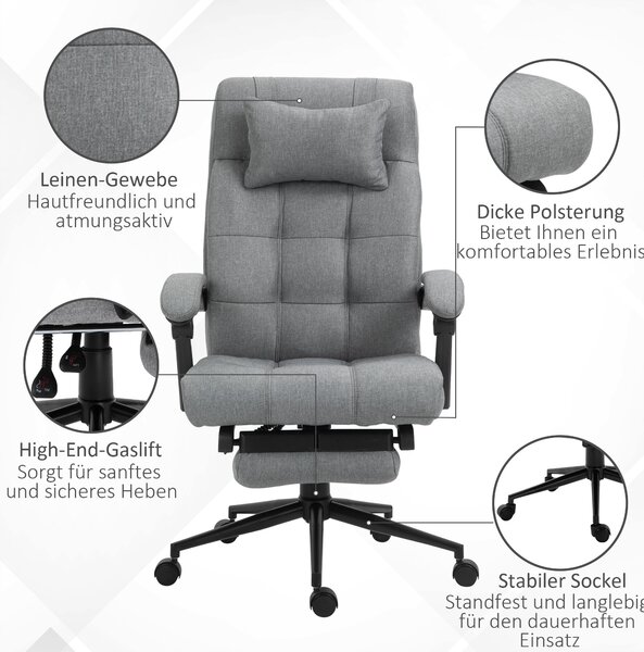 Ergonomická kancelářská židle Vinsetto s funkcí sklonu, opěrkou hlavy, područky a výškově nastavitelným otočným křeslem s podnožkou ve vzhledu lnu, sv