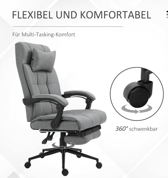 Ergonomická kancelářská židle Vinsetto s funkcí sklonu, opěrkou hlavy, područky a výškově nastavitelným otočným křeslem s podnožkou ve vzhledu lnu, sv