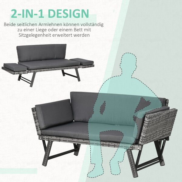 Outsunny Poly Rattan Zahradní Pohovka pro 2 Personen - Exteriérový Nábytek s Křesly a Sklopnými Opěrkami v Ocelově Šedé 129 x 63 x 67 cm | Aosom