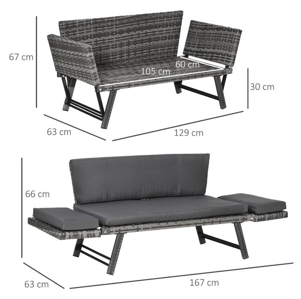 Outsunny Poly Rattan Zahradní Pohovka pro 2 Personen - Exteriérový Nábytek s Křesly a Sklopnými Opěrkami v Ocelově Šedé 129 x 63 x 67 cm | Aosom