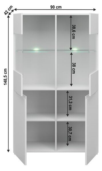 KONDELA Vitrína 2D2W, bílá/bílý extra vysoký lesk HG, JOLK