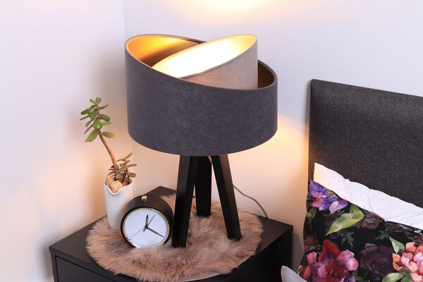 BPS koncept Stolní lampa GALAXY šedá, 1xE27, v. 45 cm Barva: Stříbrná, Barva základny: Naturální dřevo, Vnitřní barva: Šedá
