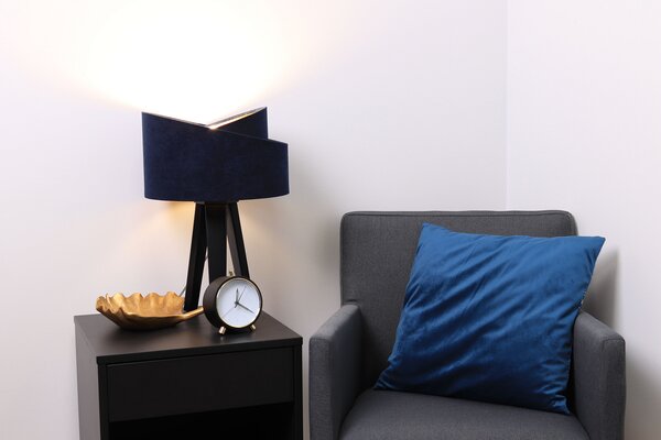 BPS koncept Stolní lampa GALAXY modrá, 1xE27, v. 45 cm Barva: Zlatá, Barva základny: Naturální dřevo