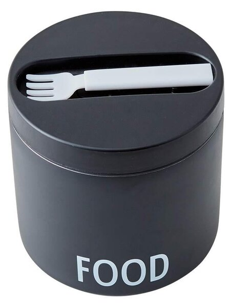 Černý svačinový termo box s lžící Design Letters Food, výška 11,4 cm